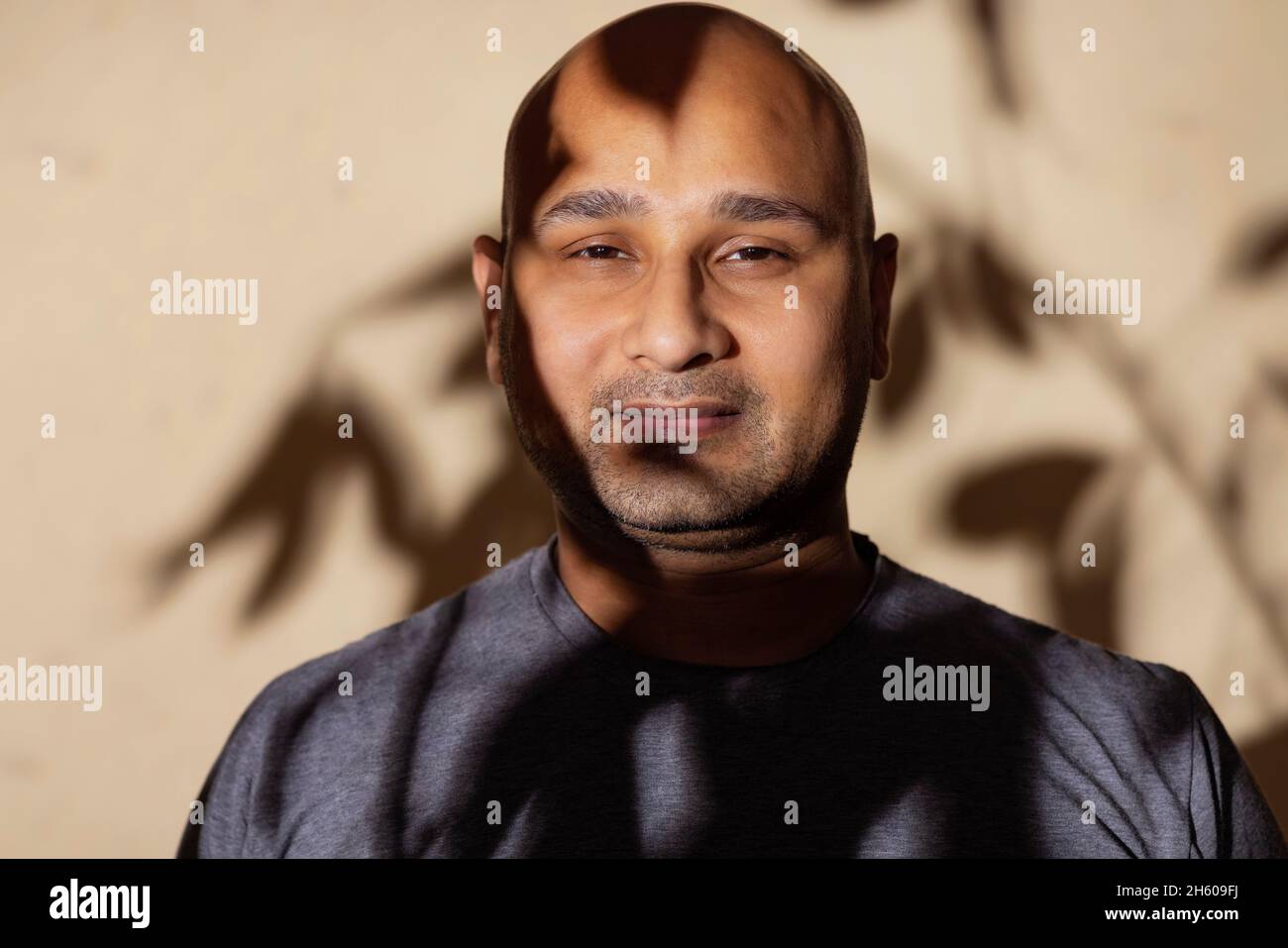 Colpo di testa di un uomo calvo in mezzo all'ombra di foglie su sfondo semplice. Foto Stock