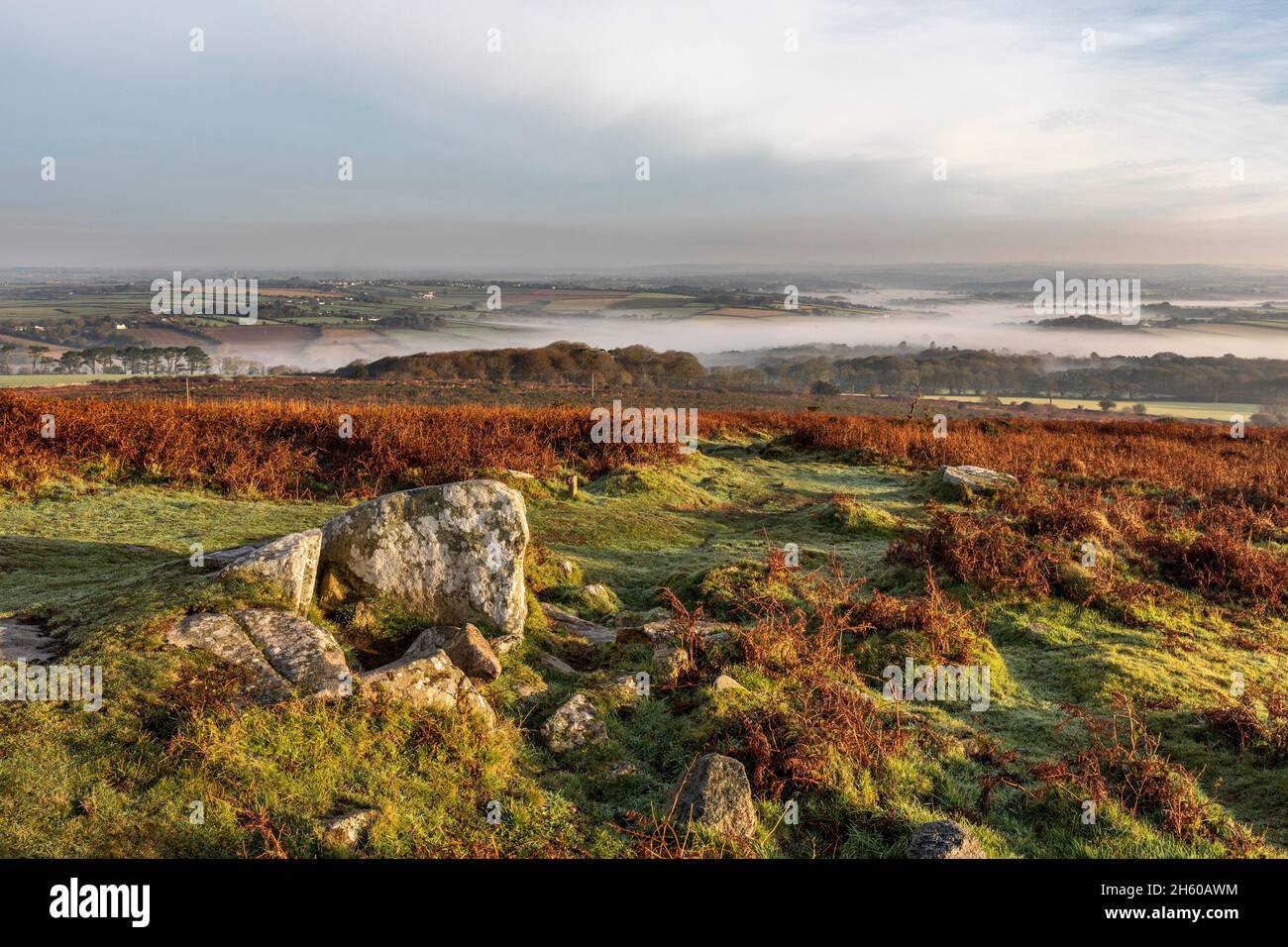 Godolphin Hill; Mist mattutino; Cornovaglia; Regno Unito Foto Stock
