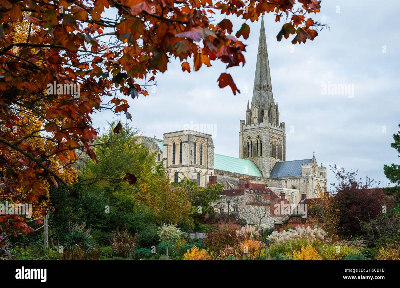 Vista della storica cattedrale di Chichester con i colori e gli alberi d'autunno in una giornata trascorsa nella città di Chichester, nel Sussex occidentale, in Inghilterra, Regno Unito. Foto Stock