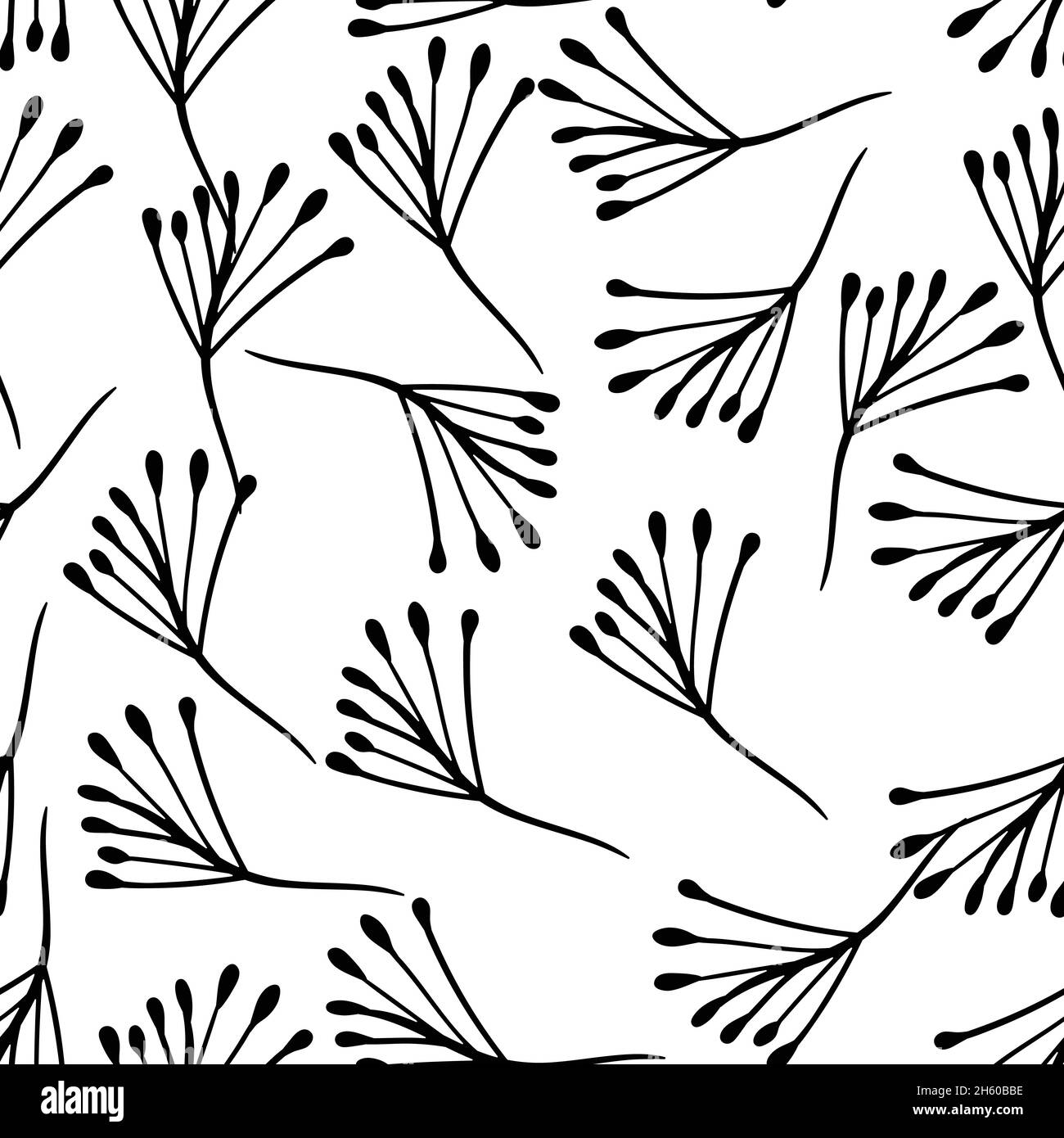 Senza cuciture floreali con foglie disegnate a mano. Carino autunno sfondo bianco e nero. Rami di erba tropicale. Moderne composizioni floreali. Vettore moda Illustrazione Vettoriale
