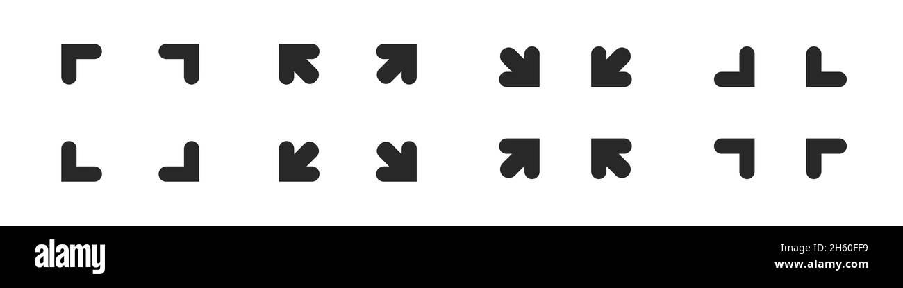 Schermo intero icona vettore simbolo di allargamento, ingrandire e ridurre al minimo frecce grafiche illustrazione dell'interfaccia isolata. Illustrazione Vettoriale