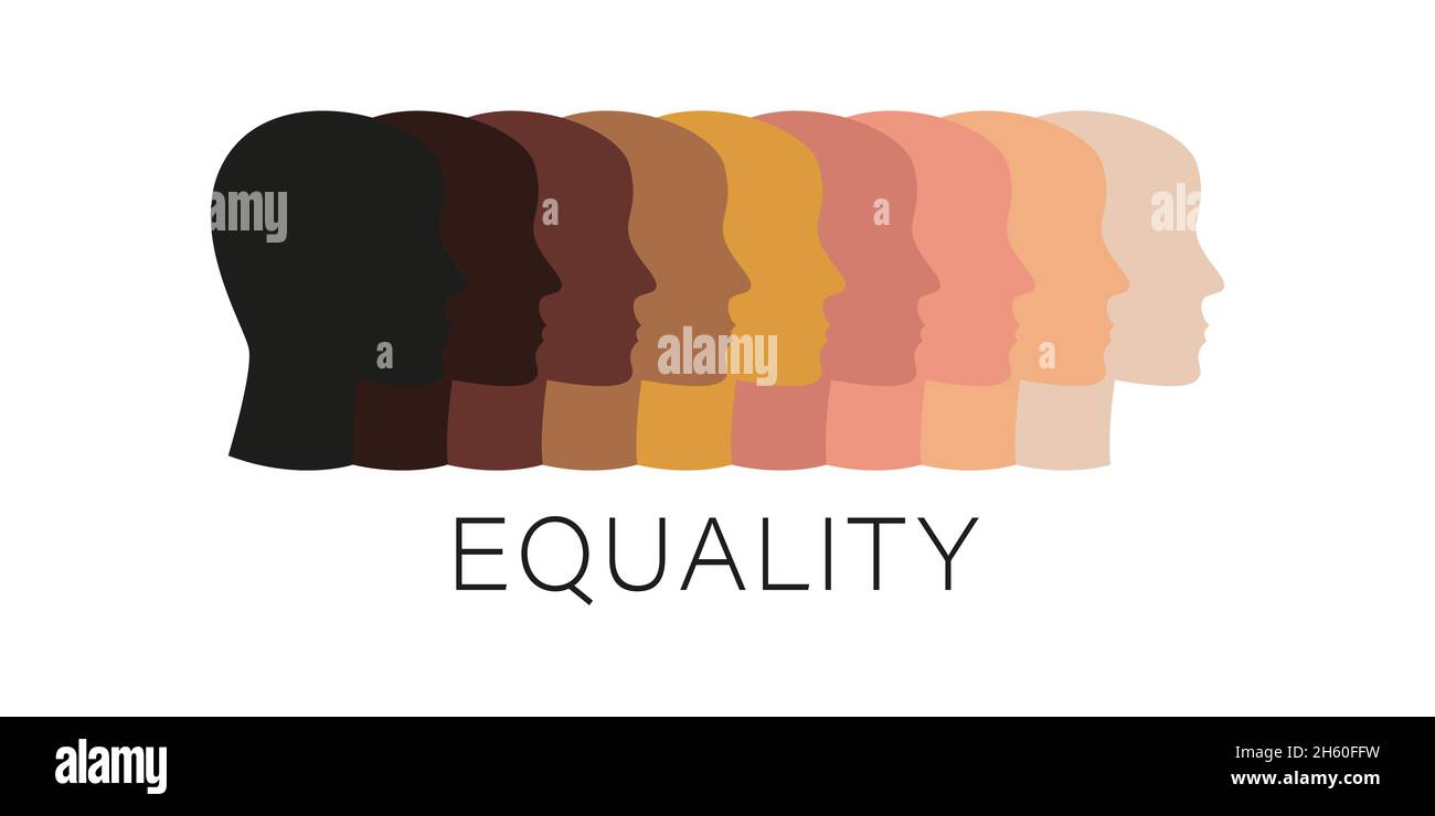 Uguaglianza razziale facce umane piatte diverse. Nessun rasismo e discriminazione, concetto di tolleranza di fondo. Parità di diritti giustizia e unità grafico illustre Illustrazione Vettoriale