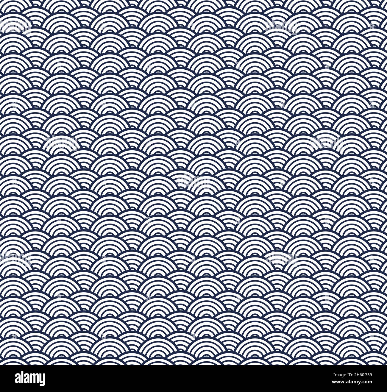 Design vettoriale senza cuciture in stile orientale e giapponese in blu e bianco. Sfondo con un motivo geometrico di semicircoli in blu navy Illustrazione Vettoriale