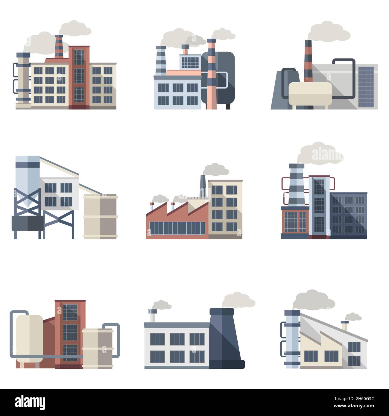 Impianti e fabbriche di costruzioni industriali icone piatte impostare vettore isolato illustrazione Illustrazione Vettoriale