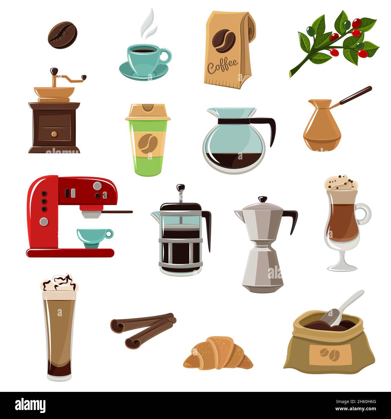 Set da caffè vintage classico icone piatte composizione con chicchi illustrazione vettoriale isolata astratta di macinacaffè e macchina per caffè Illustrazione Vettoriale