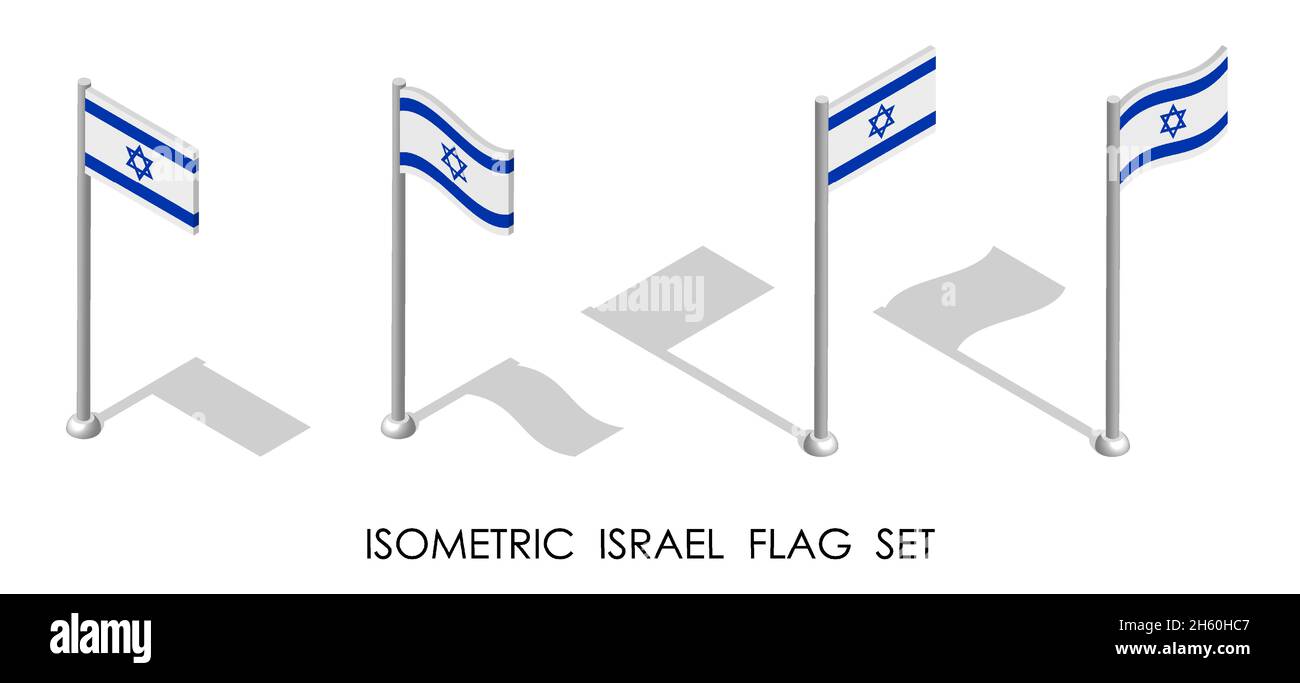 Bandiera isometrica DI ISRAELE in posizione statica e in movimento sul flagpole. vettore 3d Illustrazione Vettoriale