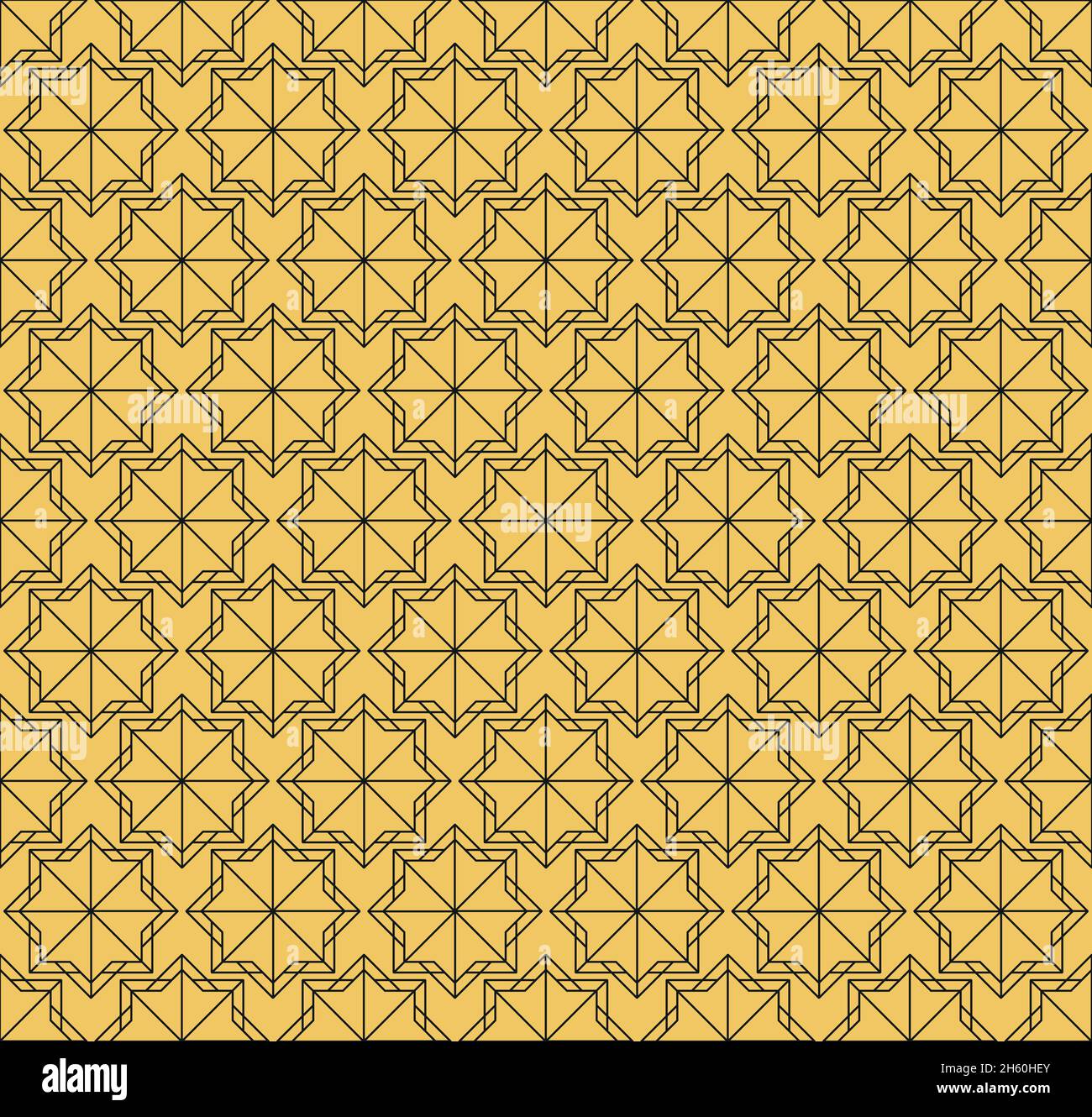 Design vettoriale senza giunture con uno stile mosaico in giallo senape e nero. Sfondo con un motivo geometrico di quadrati e stelle nere Illustrazione Vettoriale