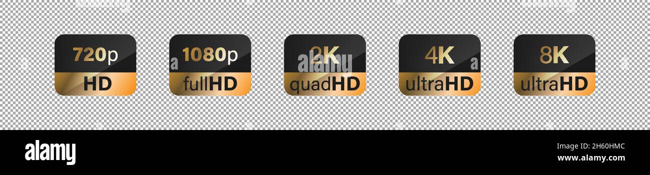 HD definizione schermo etichetta oro etichetta appicker collezione vettoriale. Full, quad, ultra, 4k, 2k, collezione di emblemi 8k. Illustrazione Vettoriale