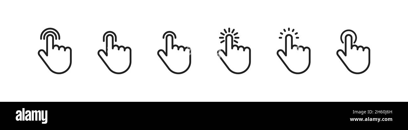 Toccare la collezione di icone a linea tattile, la mano vettoriale con il segno touchscreen del dito, il puntatore piatto del simbolo lineare impostato. Illustrazione Vettoriale