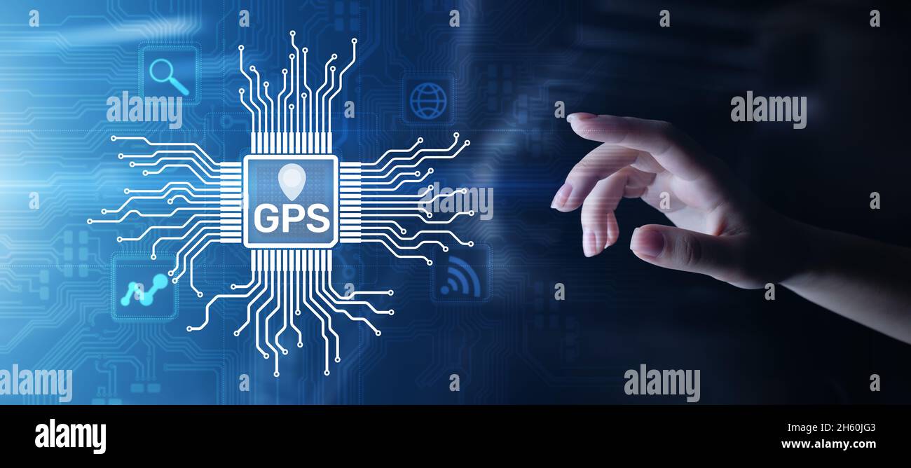 GPS - sistema di posizionamento globale, tecnologia di controllo del tracciamento del sistema di navigazione. Foto Stock