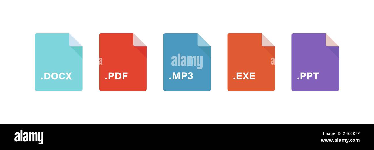 Formato documento file impostato. Raccolta di file più diffusi docx, pdf, mp3, exe, ppt. Illustrazione piatta del software del computer. Illustrazione Vettoriale