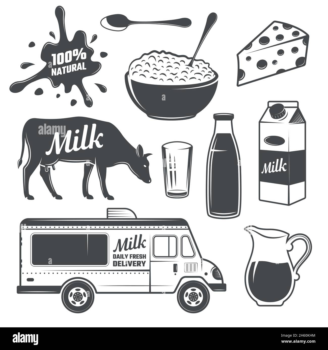 Set di elementi monocromatici per il latte con confezionamento di mucca e prodotti lattiero-caseari e trasporto illustrazione vettoriale con isolamento a spruzzo Illustrazione Vettoriale