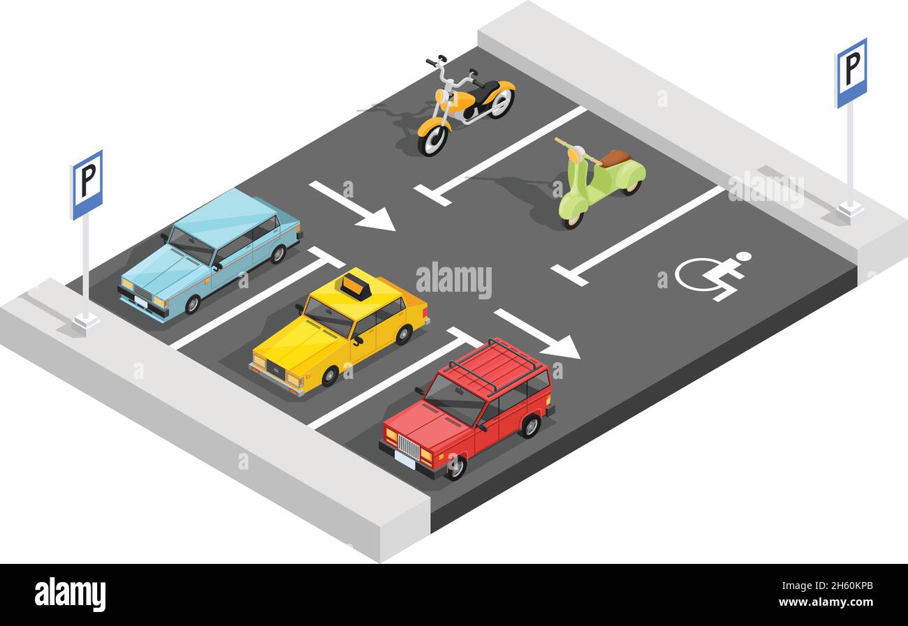 Trasporto composizione isometrica con sezione parcheggio segnaletica stradale asfalto marcature auto e biciclette con ombre vettoriali illustrazione Illustrazione Vettoriale