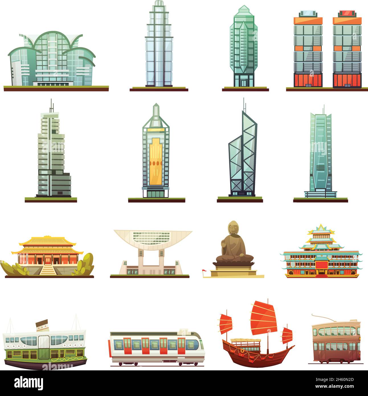 Monumenti storici della città di Hong Kong tempio statua del buddha ed elementi di trasporto collezione di icone retrò cartoon illustrazione vettoriale isolata Illustrazione Vettoriale