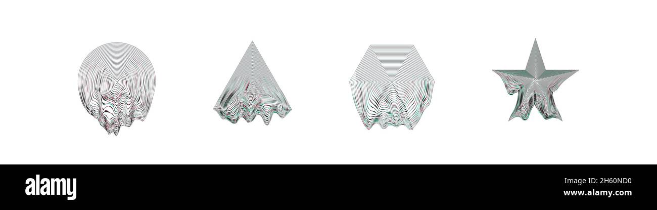Collezione retro glitch distorte forme, futuristico effetto cyber distorsione su forme diverse, elemento per design vintage. Illustrazione Vettoriale