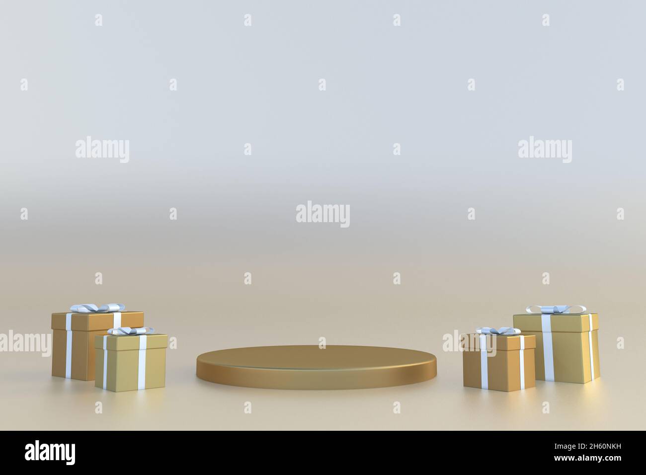 Podio 3D rotondo in oro con gift box su sfondo pastello. Minimo stand per la presentazione delle vacanze. Modello per la progettazione Foto Stock