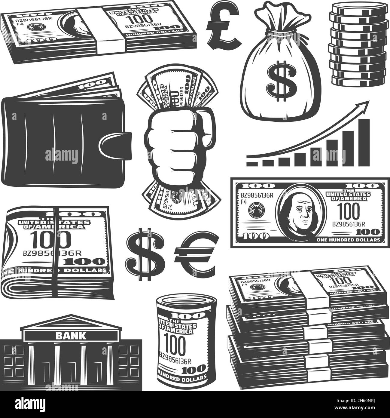 Collezione vintage Cash Elements con sacco di banconote monete crescente grafico portafoglio banca costruzione isolato vettore illustrazione Illustrazione Vettoriale