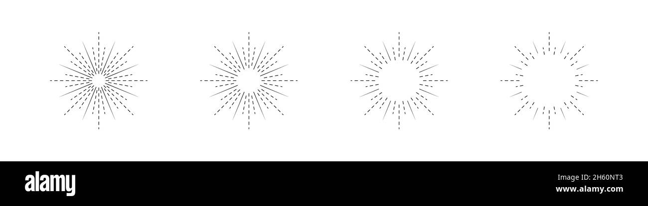Raggi Sunburst linee stile cerchio stile raggi solari burst illustrazione vettoriale lineare di tendenza radiale. Illustrazione Vettoriale