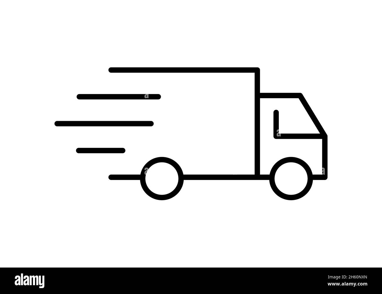 Icona linea carrello di consegna. Concetto di carico, distribuzione, trasporto. Idea di spedizione rapida. Veicolo in movimento con linee che simboleggiano la velocità. Vettore, piatto. Illustrazione Vettoriale