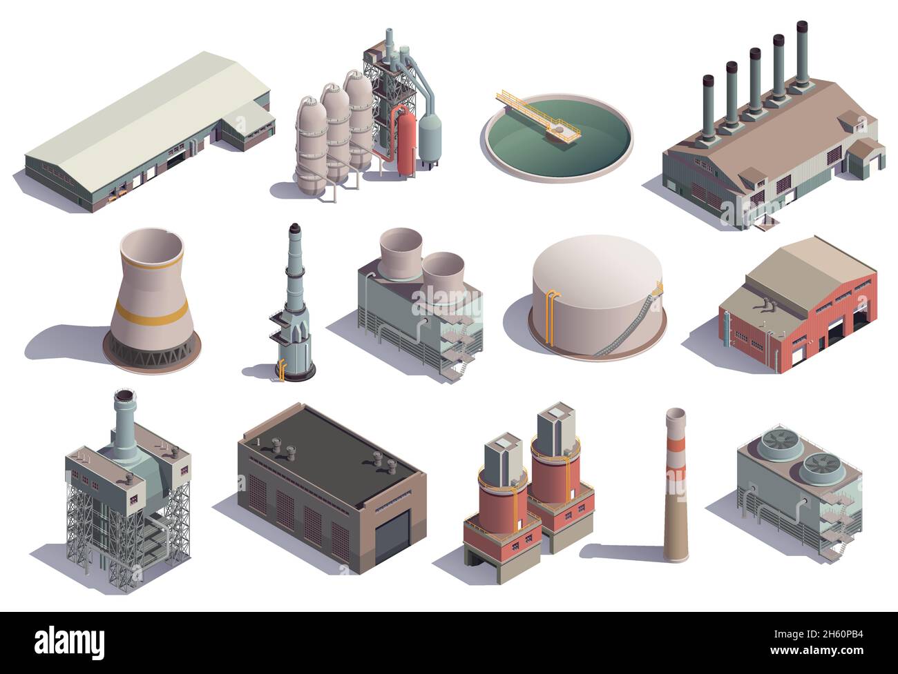 Edifici industriali icone isometriche impostate con immagini isolate di fabbrica strutture per scopi diversi con illustrazione vettoriale delle ombre Illustrazione Vettoriale