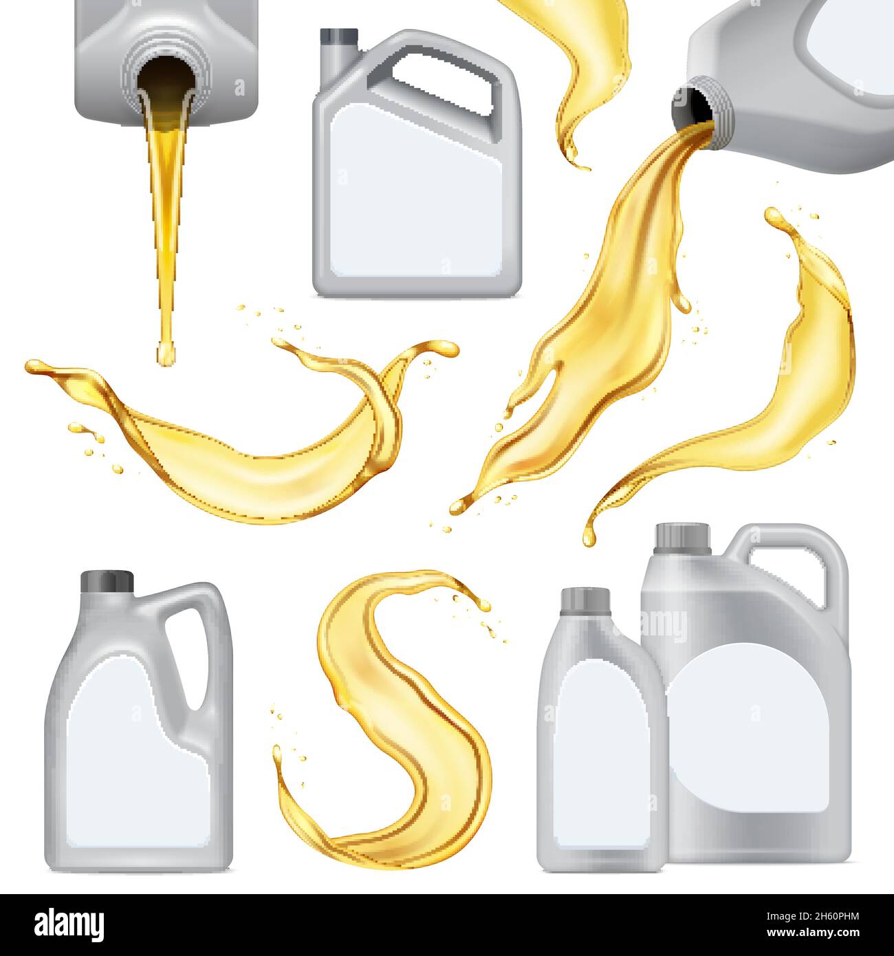 Set di icone di olio motore realistico isolato con bottiglia di plastica bianca con illustrazione del vettore liquido giallo Illustrazione Vettoriale