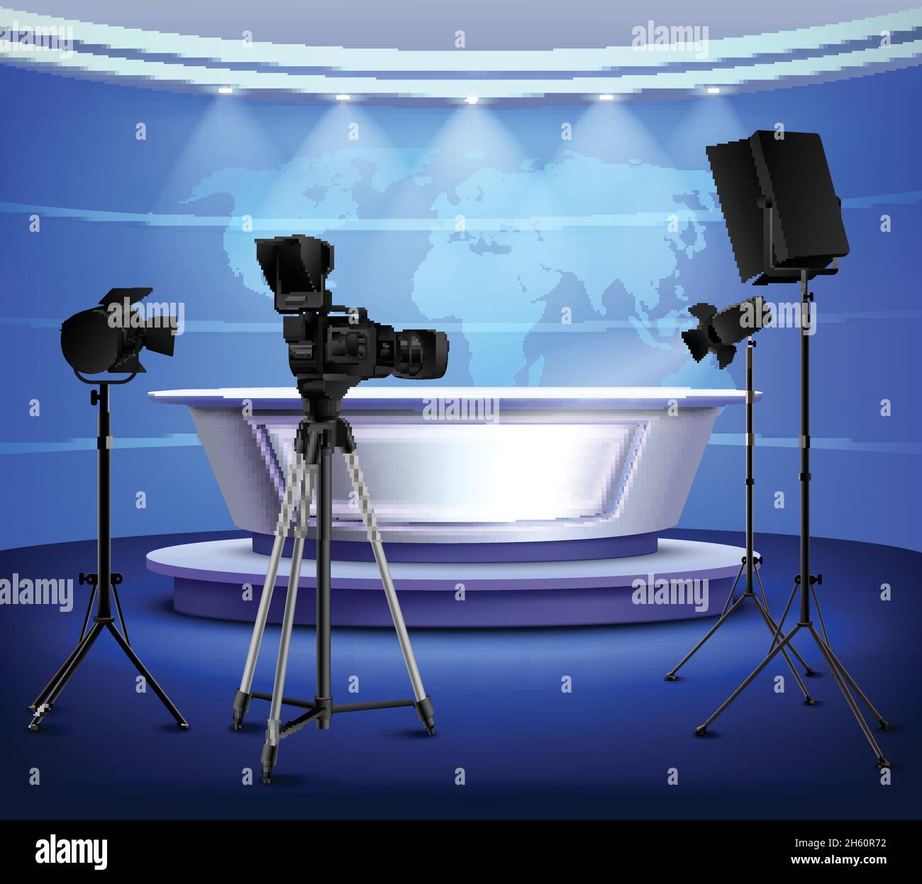 Interni realistici in stile studio di notizie blu con tavolo sul mondo del piedistallo mappa su immagine vettoriale della telecamera proiettore a parete Illustrazione Vettoriale