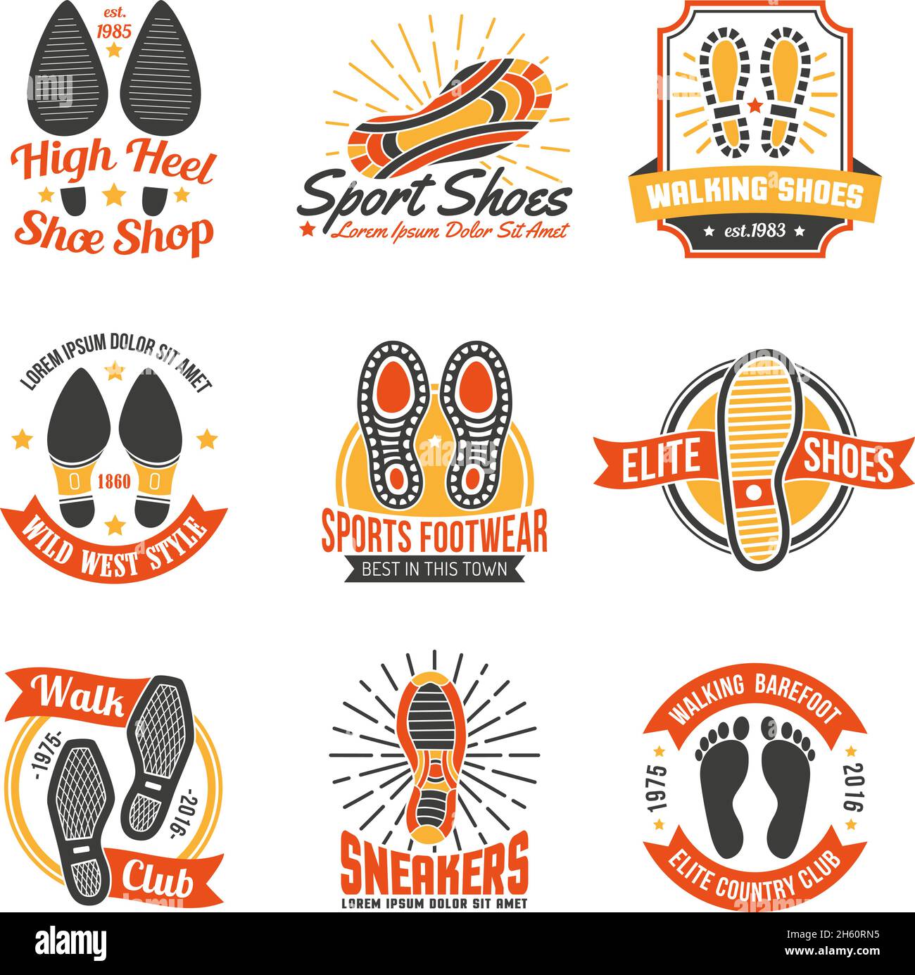 Negozi di calzature e fornitori etichette ed emblemi con suole e le icone delle impronte dei pattini impostano l'illustrazione vettoriale isolata Illustrazione Vettoriale