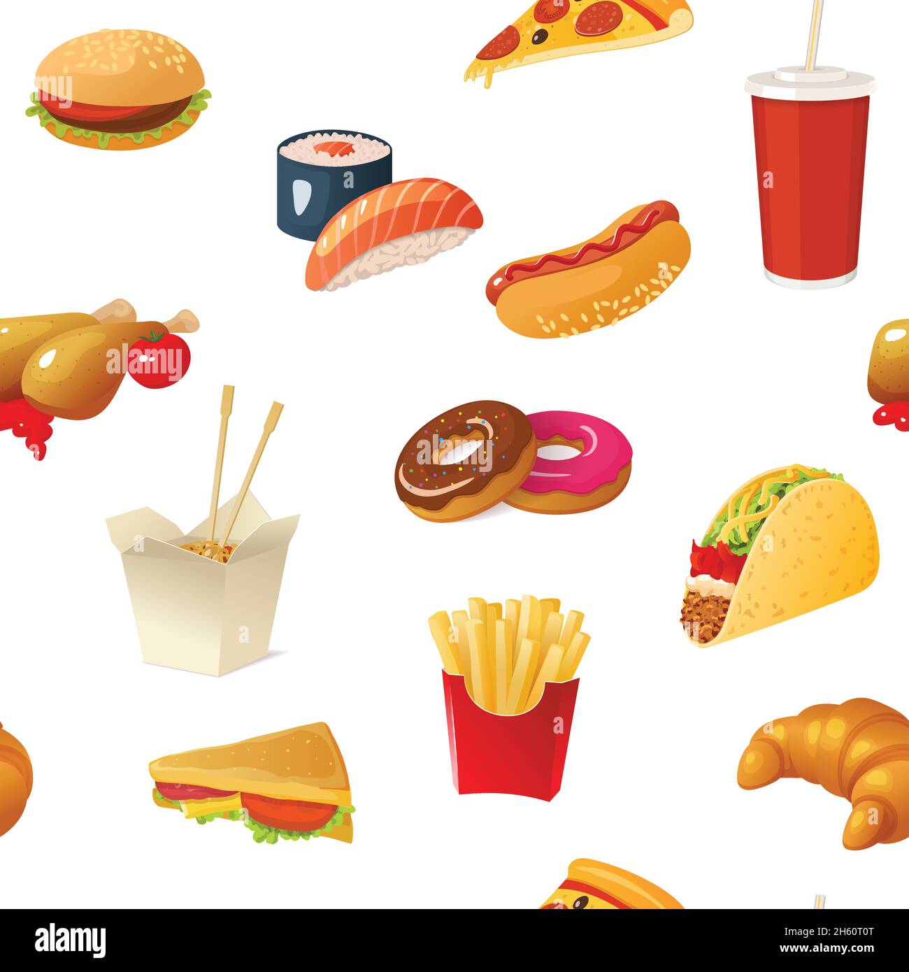 Elementi fastfood estratti isolati con simboli essenziali di cibo spazzatura di hamburger e dolci su sfondo vuoto illustrazione vettoriale Illustrazione Vettoriale