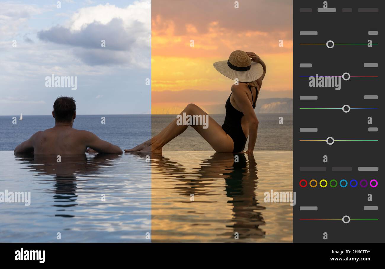 modifica di foto, correzione del colore. prima e dopo l'esempio del processo di ritocco dell'immagine Foto Stock
