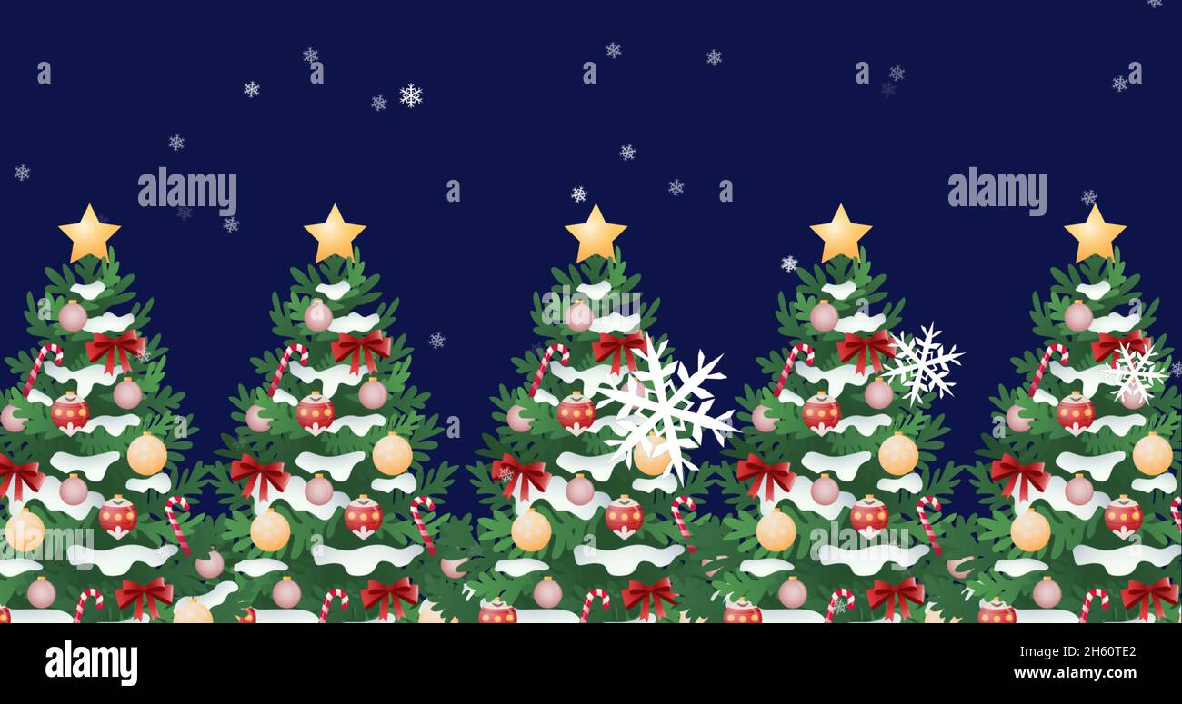 Immagine della neve che cade sopra gli alberi di natale Foto Stock