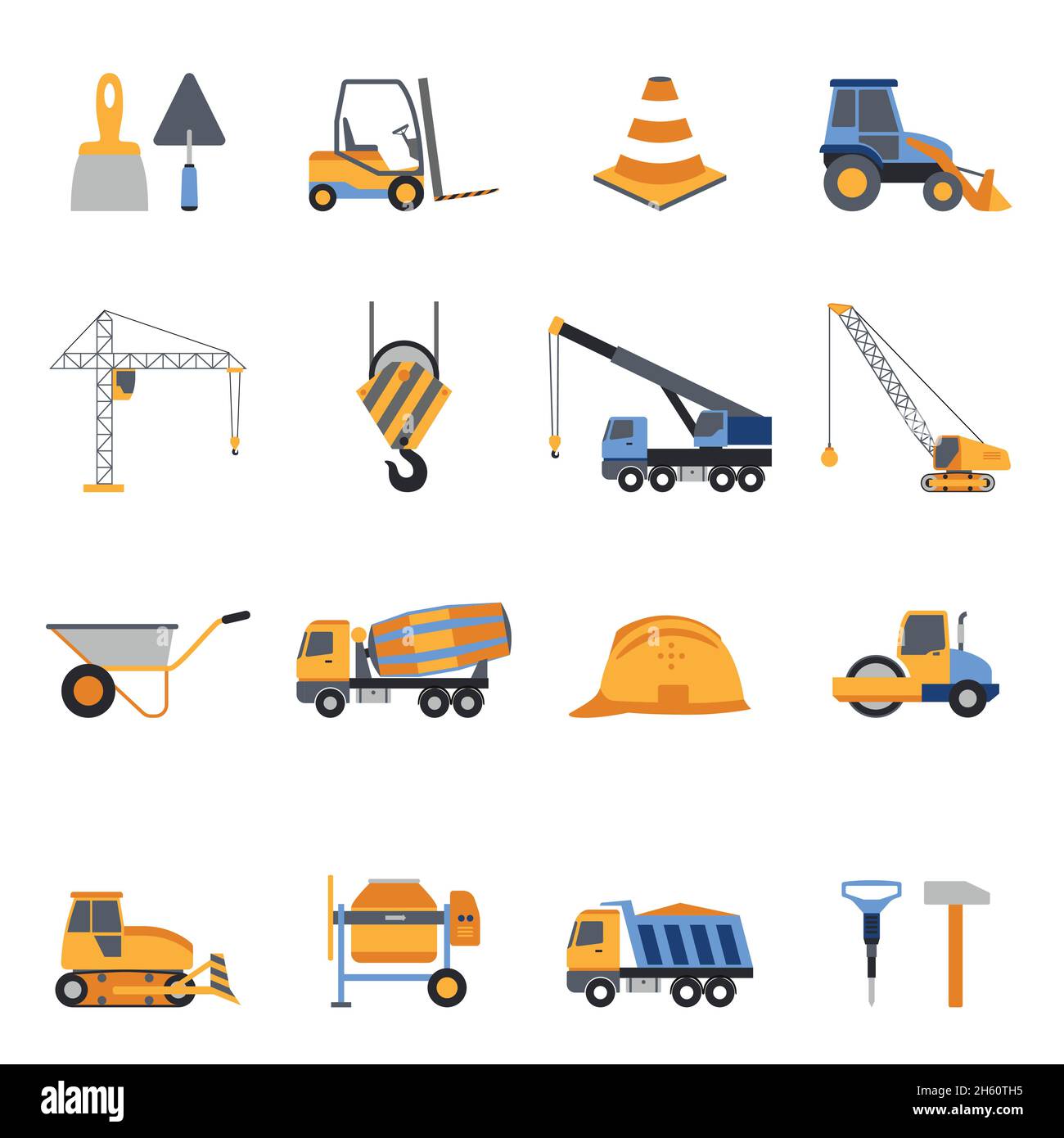Icone di costruzione impostate con attrezzi per costruttori e veicoli vettore isolato illustrazione Illustrazione Vettoriale