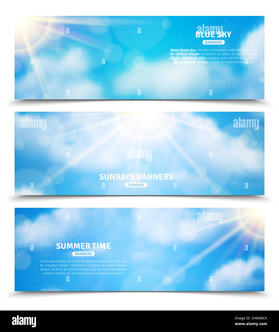 Cielo blu con raggi di sole attraverso le nuvole tre estate orizzontale i banner temporali impostano l'illustrazione vettoriale isolata astratta Illustrazione Vettoriale