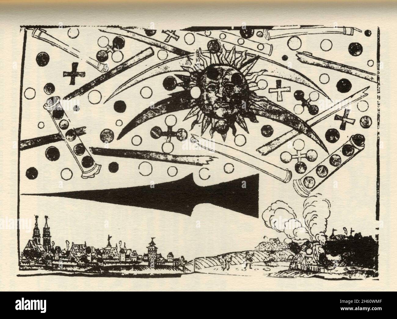 Phénomène aérien observé à Norimberga le 14 avril 1561. Des cylindres contenant des objets ronds Foto Stock