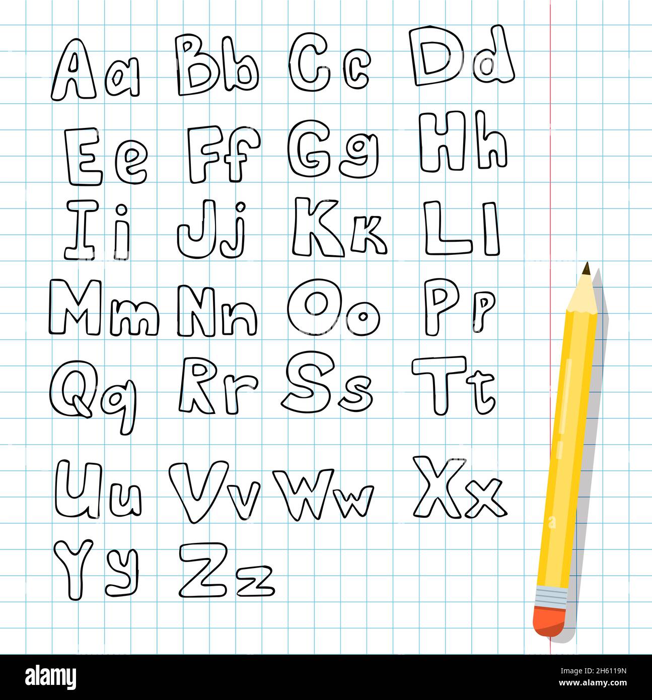 Font vettoriale scritto a mano. Disegnare con l'alfabeto inglese. Lettere  piccole e grandi isolate. Un taccuino in gabbia con una matita e scritto a  mano Immagine e Vettoriale - Alamy