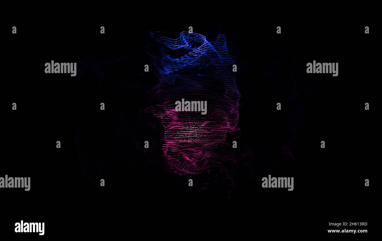 Punti colorati che si muovono nello spazio creando una forma. Animazione. Animazione astratta dei punti multicolore in movimento su sfondo nero. Foto Stock