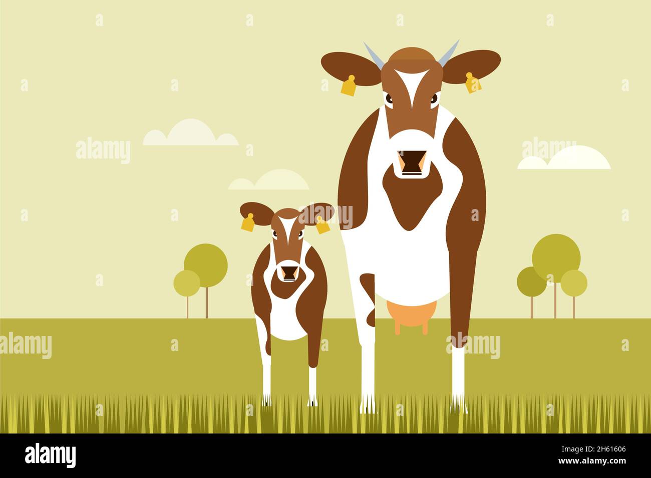 Illustrazione di una mucca e di un vitello in piedi su un campo erboso Illustrazione Vettoriale