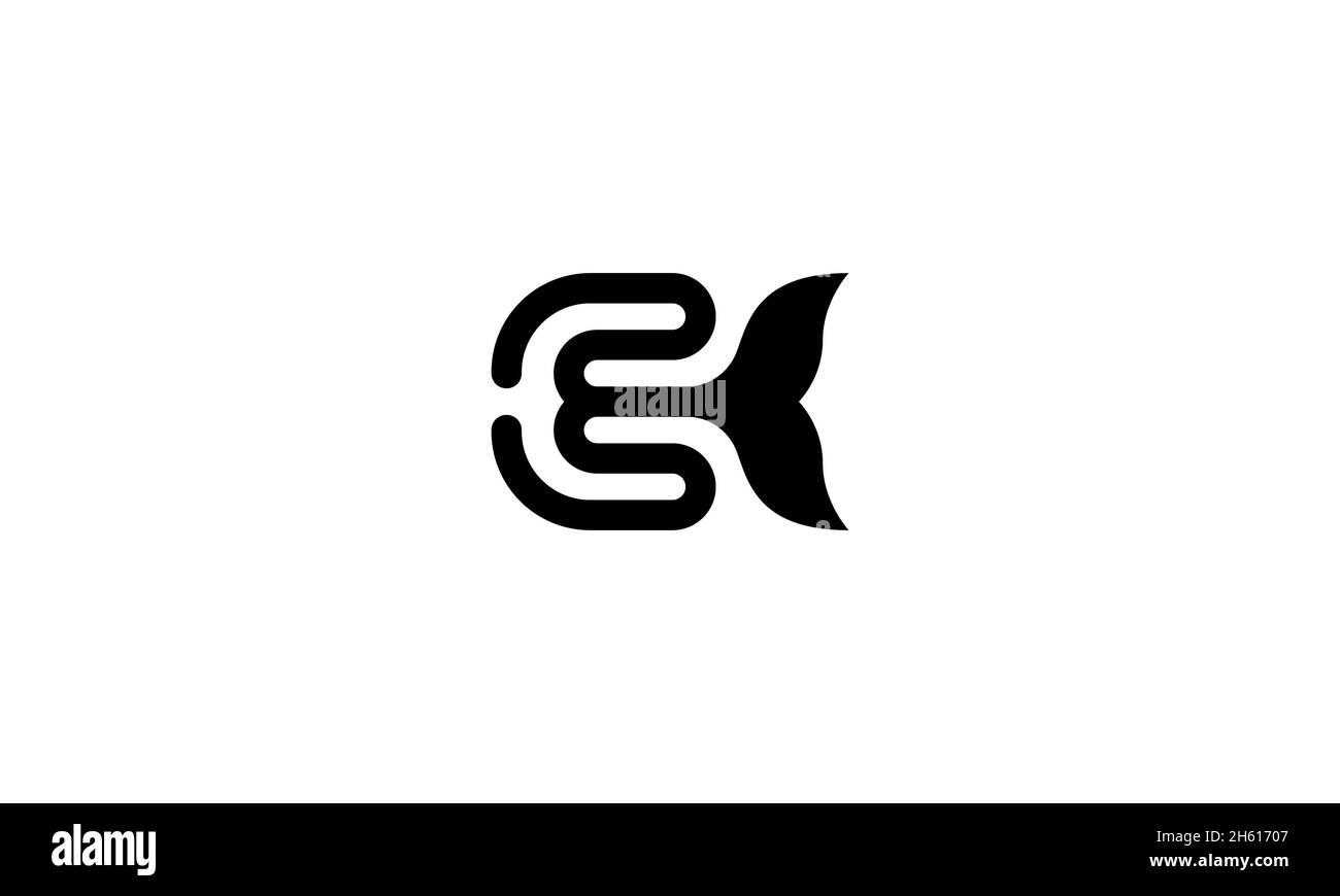 Lettera e con pinna di balena . Logo creativo ed unico . illustrazione vettoriale Foto Stock