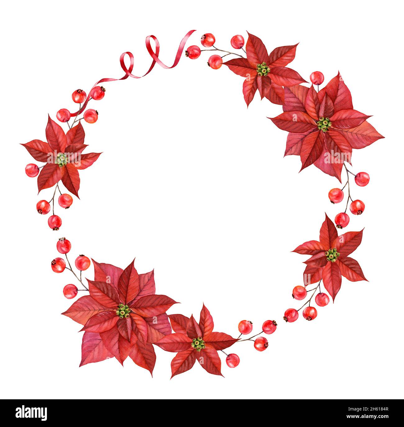 Corona acquerello di Natale. Illustrazione dipinta a mano con bacche rosse e fiori di poinettia. Sfondo vacanze invernali isolato su bianco per Foto Stock