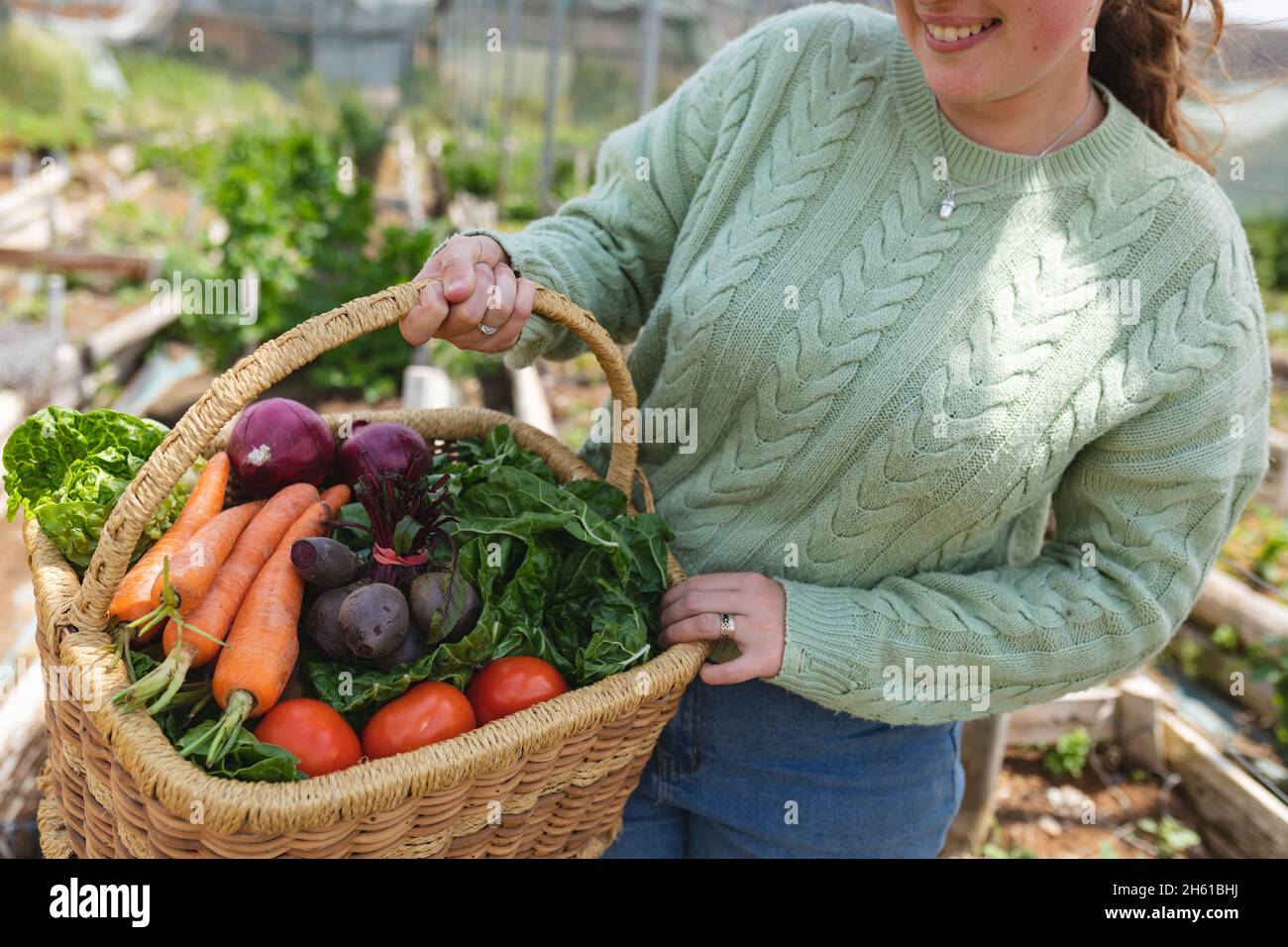 Metà della sezione di femmina sorridente coltivatore che tiene le verdure appena raccolte nel cestino all'azienda agricola Foto Stock