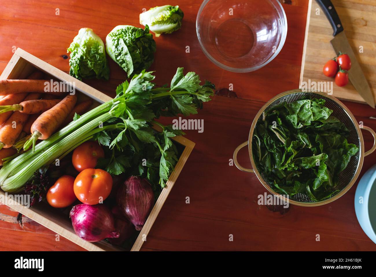 Direttamente sopra la vista delle variazioni di verdure biologiche fresche sul banco della cucina a casa Foto Stock