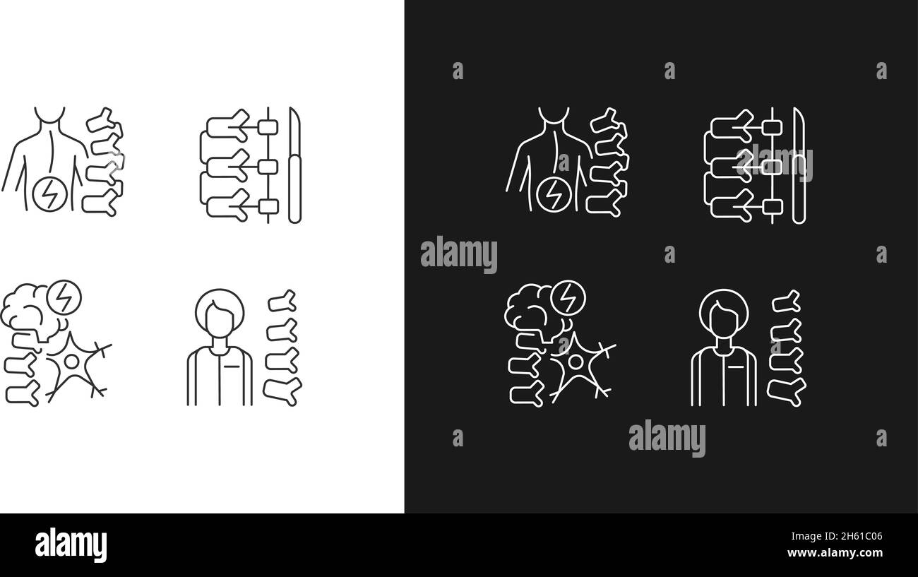 Disturbi della colonna vertebrale icone lineari impostate per la modalità buio e luce Illustrazione Vettoriale