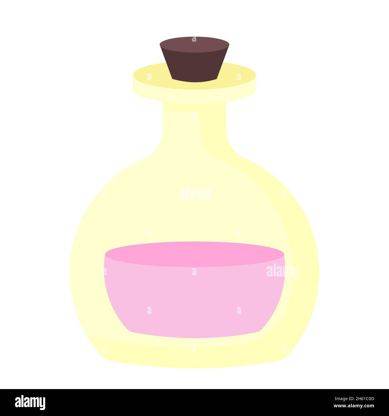 Bottiglia con olio essenziale per la salute e la bellezza. Bottiglia magica con pozione liquida rosa. CONCETTO DI SPA e relax. Illustrazione vettoriale in cartoon flat Illustrazione Vettoriale