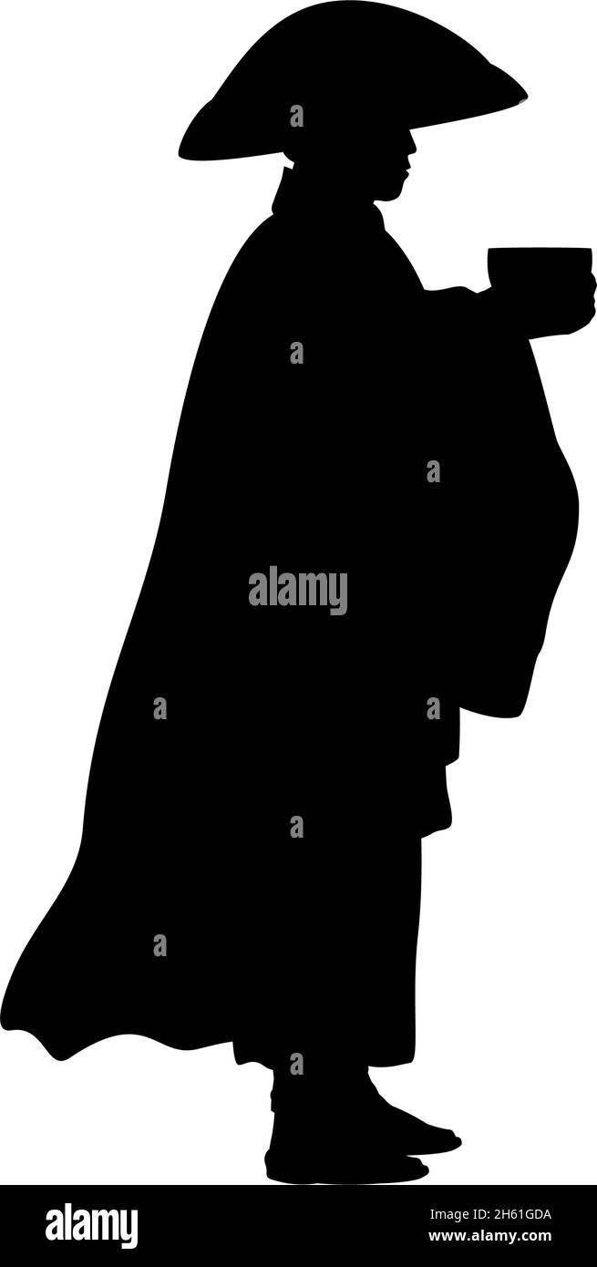 Silhouette tradizionale giapponese monaco buddista con ciotola donazione. Illustrazione Vettoriale