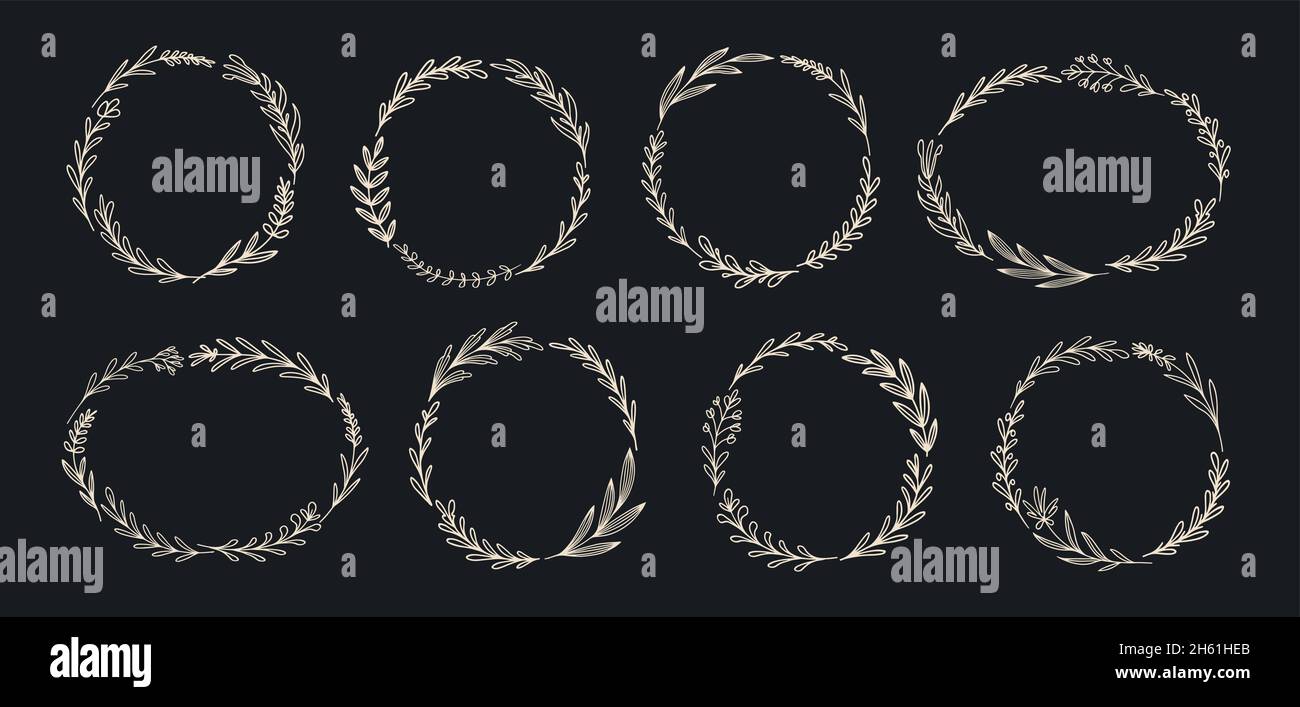 Corona floreale disegnata a mano. Telaio con foglia naturale, ramo e fiori Illustrazione Vettoriale