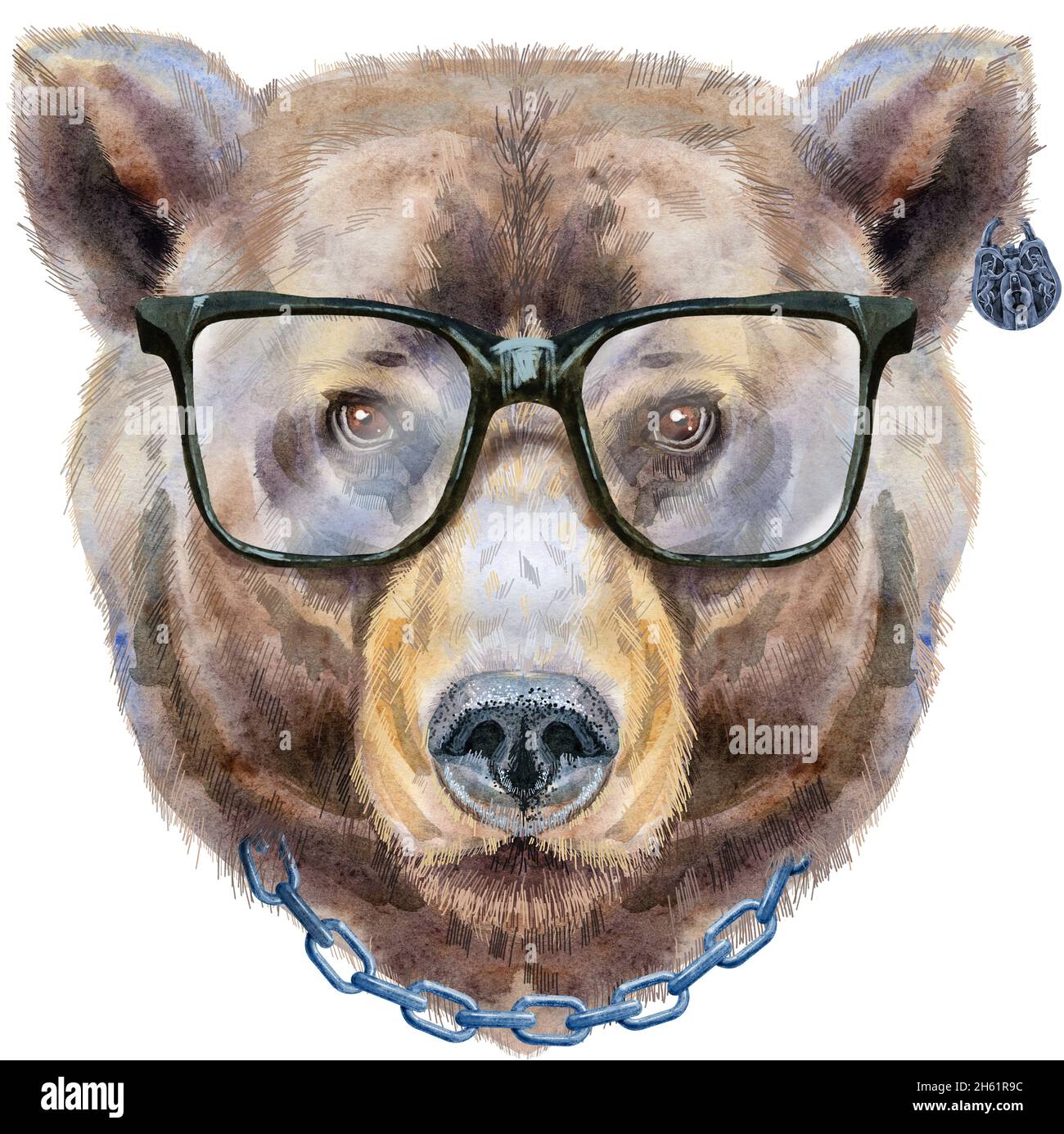 Ritratto di orso con gli occhiali. Illustrazione della pittura dell'orso  marrone dell'acquerello. Bellissimo mondo della fauna selvatica Foto stock  - Alamy