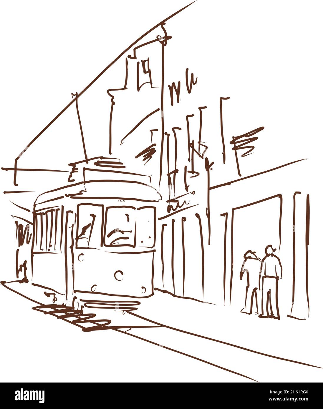 Vecchio tram a Lisbona - illustrazione vettoriale. Schema del tram della città di Lisbona. Illustrazione Vettoriale