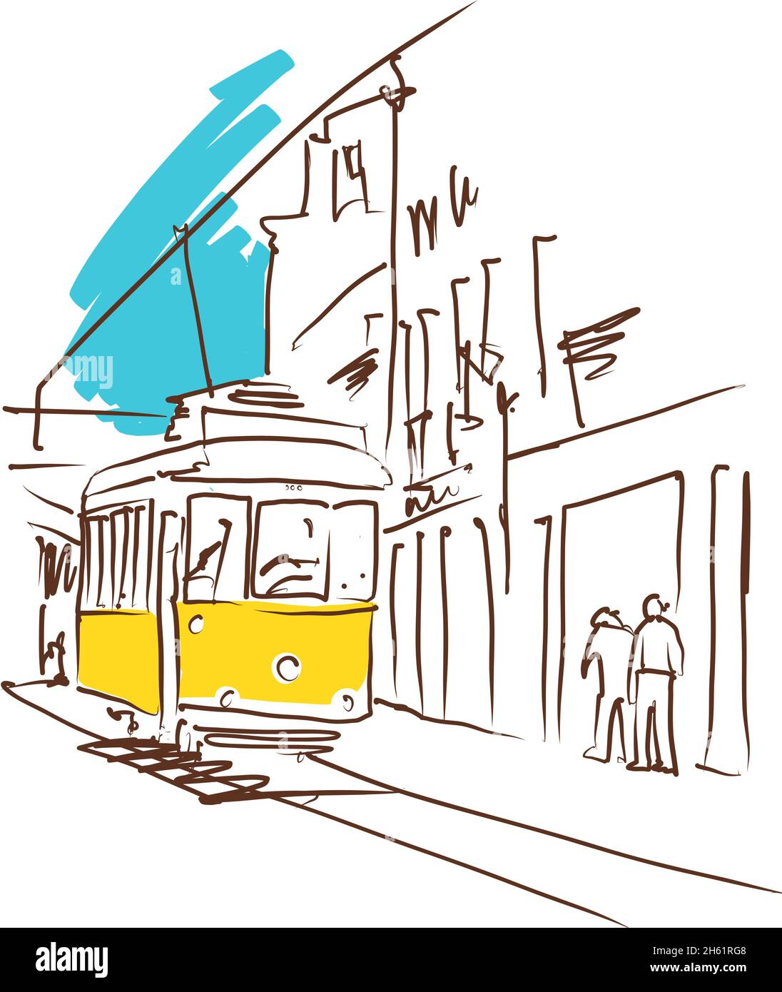 Vecchio tram a Lisbona guida attraverso la curva - illustrazione vettoriale. Lisbona colorato profilo del tram della città. Illustrazione Vettoriale