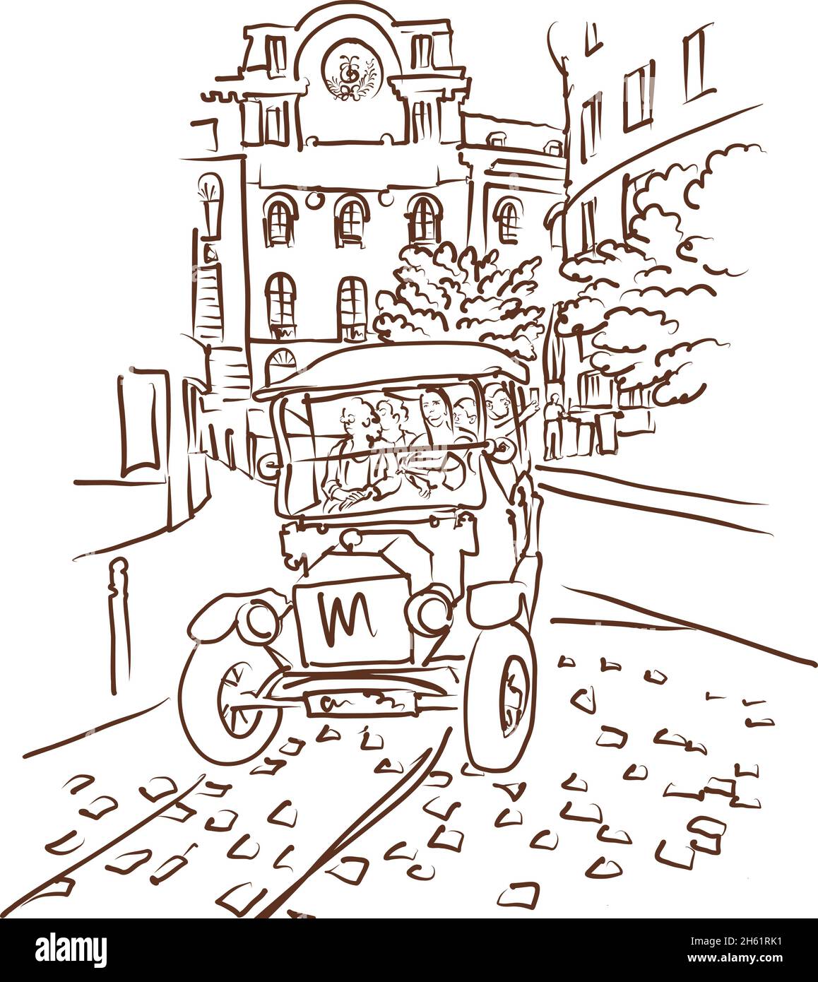 Auto d'epoca in schizzo della città. Vista prospettica e panorama della città di Lisbona, disegnata a mano, stile di schizzo, isolato, vettore, illustrazione. Illustrazione Vettoriale