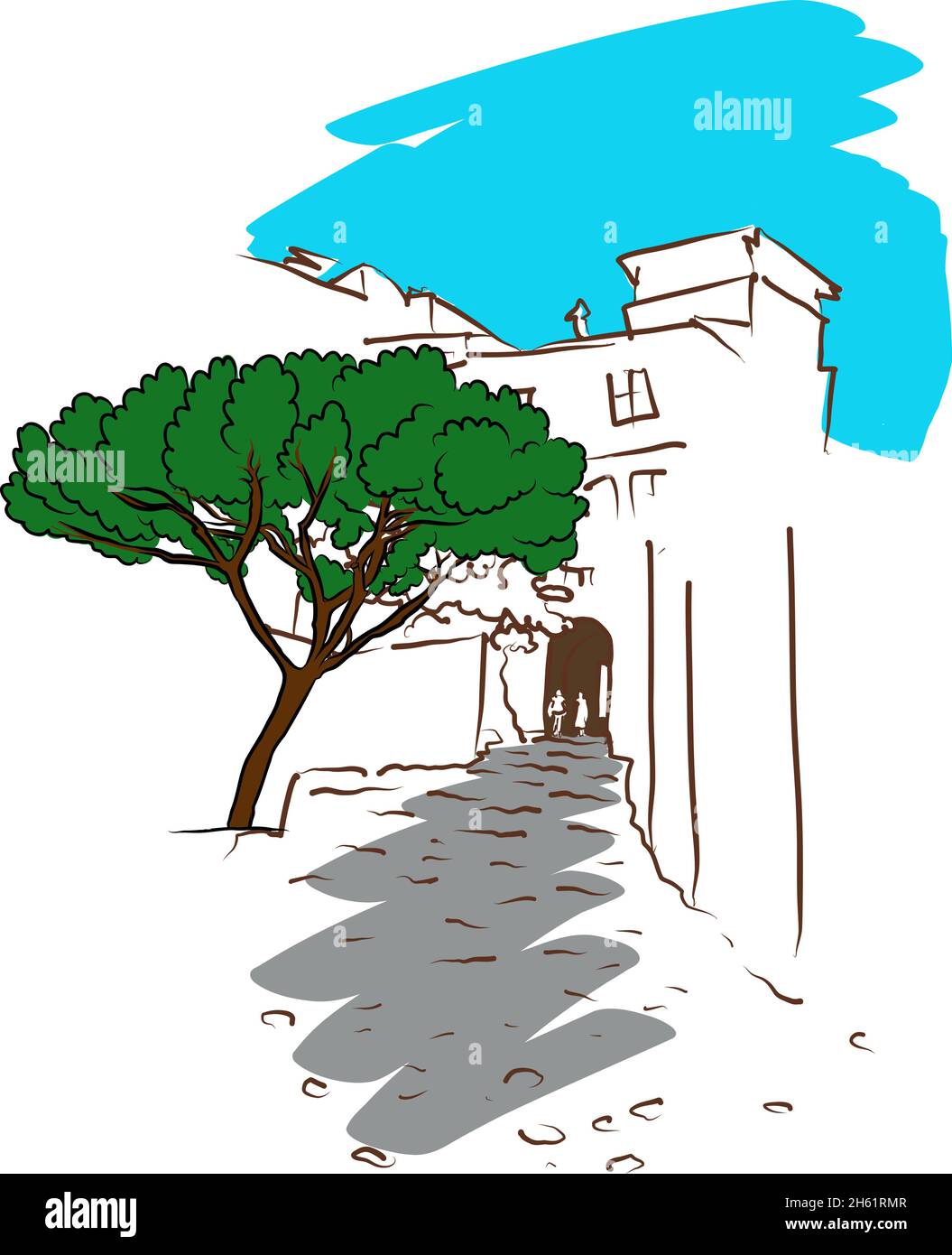 Castello d'epoca a Lisbona. Orizzontale grafico disegnato a mano. Vecchio schizzo inciso a mano. Cittadella in pietra con sentiero. Illustrazione Vettoriale