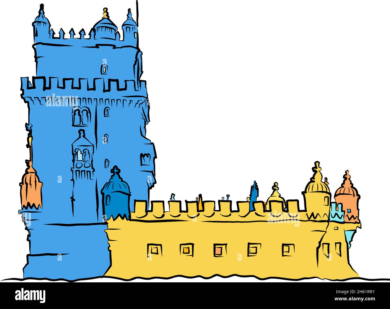 Torre Belem blu e giallo. Viaggio in Portogallo. Illustrazione piatta vettoriale. Illustrazione Vettoriale